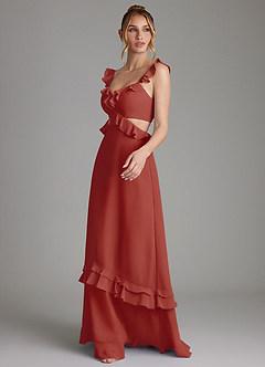 Azazie Malaya Vestidos de damas de honor Vestido de Terracota de Gasa de Corte en A con Corsé image6