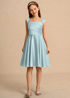 Azazie Budle Flower Girl Dresses Mist A-Line Pleated Matte Satin Dress image4