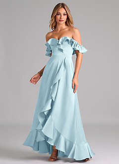 Azazie Lyra Robes de demoiselle d'honneur Robe Trapèze Convertible en Satin extensible Épaules dénudées Bleu Nuage image1
