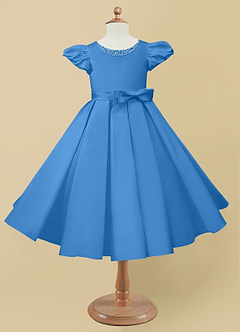 Azazie Jewel Flower Girl Dresses Blue Jay Ball-Gown Pleated Matte Satin Dress image4