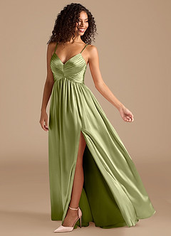 Azazie Alia Bridesmaid Dresses Pistachio A-Line Pleated Metallic Satin Dress image2