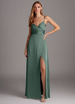 Azazie Calissa Bridesmaid Dresses Sea Moss A-Line V-Neck Pleated Stretch Satin Dress image1