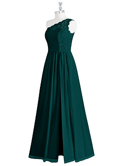 Azazie Demi Vestidos de damas de honor Vestido de Pavo Real de Gasa de Corte en A con Hombro unilateral image10