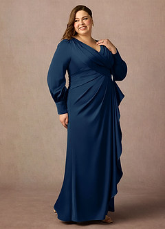 Azazie Petrina Mother of the Bride Dresses Dark Navy Mermaid Pleated Stretch Satin Dress image4