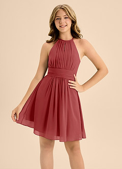 Azazie Bonnie Junior Rust A-Line Pleated Chiffon Dress image5