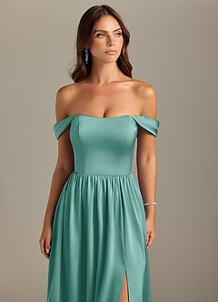 Azazie Calianna Bridesmaid Dresses Aqua A-Line Off the Shoulder Stretch Satin Convertible Dress image4