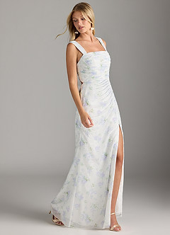 Azazie Jesaphine Bridesmaid Dresses Blue Vintage Floral Sheath Bow Chiffon Dress image4