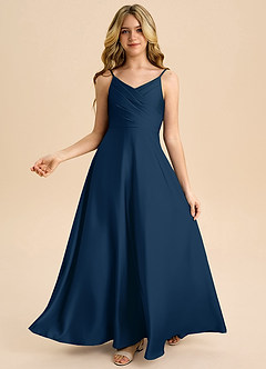 Azazie Bug Junior Linia A Pofałdowany Satyna elastyczna Długość podłogi Młodsza druhna Sukienka image1