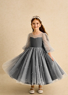 Azazie Trudy 플라워 걸 드레스 볼가운 스윗하트 네크라인 얇실버 명주 그물 티 길이 드레스 image5