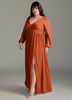 Azazie Norah Bridesmaid Dresses Burnt Orange A-Line V-Neck Long Sleeve Chiffon Dress image11