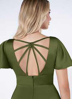 Azazie Lani Bridesmaid Dresses Olive A-Line Flounce Sleeve Stretch Satin Dress image3