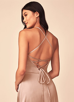 Azazie Mei Robes de demoiselle d'honneur Robe Trapèze en Satin extensible Col en V Or Rose image3