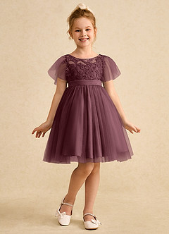 Azazie Queenie Robe Demoiselle D'honneur Fillette Robe Trapèze en Dentelle Sangria image3