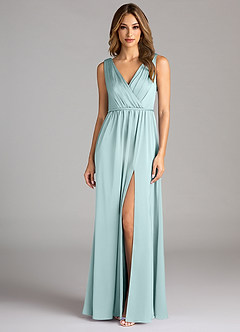 Azazie Tanicia Bridesmaid Dresses Sea Glass A-Line Pleated Stretch Satin Dress image3