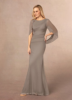 Azazie Belladonna vestidos de madre de la novia Vestido de Gris Pardo de Malla de Sirena con Cuello en V Plisado image3