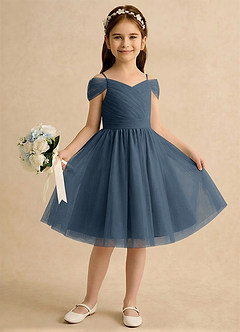 Azazie Lila Girls Formal Robe Demoiselle D'honneur Fillette Robe Trapèze en Tulle Épaule décolletée Neptune image4