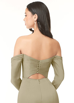 Azazie Hallie Vestidos de damas de honor Vestido de Musgo Verde de Satén Elástico de Corte Recto Convertible con Manga larga con hombros descubiertos image6