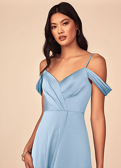 Azazie Ocean Bridesmaid Dresses Powder Blue A-Line V-Neck Pleated Stretch Satin Dress image2