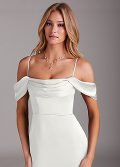 Azazie Saige Bridesmaid Dresses White Mermaid Off the Shoulder Stretch Satin Dress image2