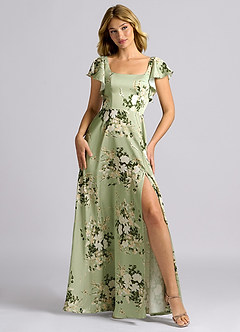 Azazie Bondi Bridesmaid Dresses Floral Vines A-Line Bow Stretch Satin Dress image4