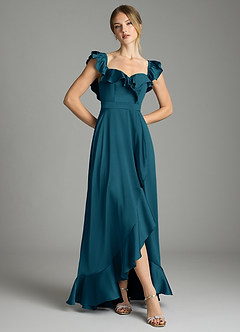 Azazie Lyra Bridesmaid Dresses Ink Blue A-Line Off the Shoulder Stretch Satin Convertible Dress image3