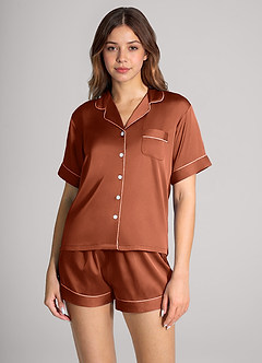 front Matching Color Satin Contrast Piping Pajama Set