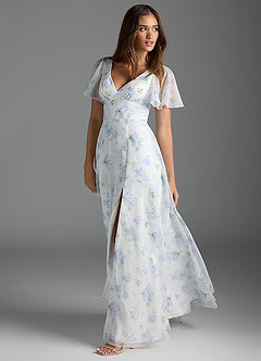 Azazie Kimber Bridesmaid Dresses Blue Vintage Floral A-Line Flounce Sleeve Chiffon Dress image4