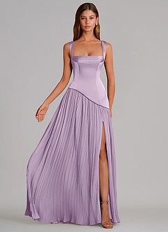 Azazie Stephanie Vestidos de damas de honor Vestido de Lila Esmerilada de Satén Elástico de Corte en A con Plisado image4
