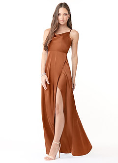 Azazie Naomie Bridesmaid Dresses Copper A-Line Cowl Neckline Side Slit Stretch Satin Dress image4