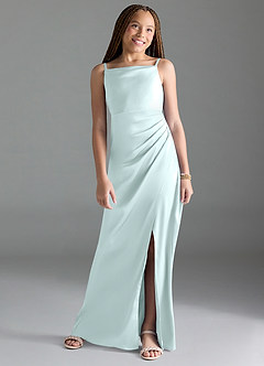 Azazie Leonis Junior Robe Trapèze en Satin extensible Plissée Verre De Mer image1