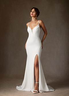 Azazie Iden Wedding Dresses Diamond White Champagne Mermaid V-Neck Stretch Crepe Dress image2
