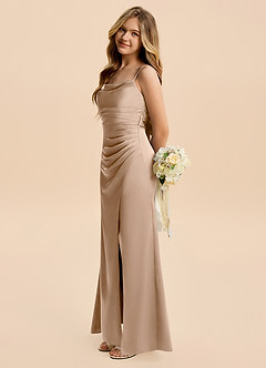 Azazie Minnie Junior Taupe Sheath Ruched Stretch Satin Dress image3