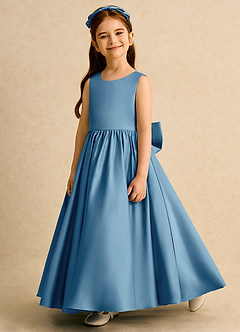 Azazie Nellia vestidos de niña de las flores Vestido de Azul Acero de Satin Mate de Corte En A con Lazo image3