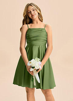 Azazie Miko Junior Abito A-Line in Raso Elasticizzato Plissettato Ginepro image6