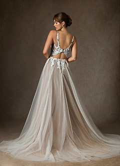 Azazie Goddess Trouwjurken Jurk van Tule met A-Lijn V-hals Pailletten Diamant Wit Mokka image2