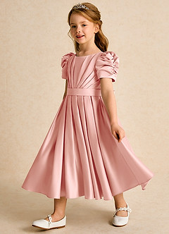 Azazie Miriam Blumenmädchenkleider Ballkleid Plissee Matte Satin Kleid Rosettenrosa image7