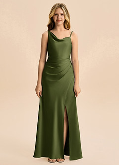 Azazie Abby Junior Olive A-Line Pleated Stretch Satin Dress image5