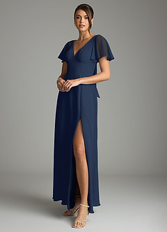 Azazie Kimber Bridesmaid Dresses Dark Navy A-Line Flounce Sleeve Chiffon Dress image5