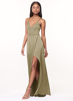 Azazie Maksim Robes de demoiselle d'honneur Robe Trapèze en Satin extensible Col en V Vert Mousse image4