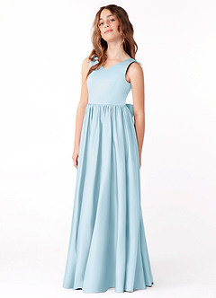 Azazie Hathaway Junior Abito A-Line in Raso Elasticizzato Fiocco Azzurro image4