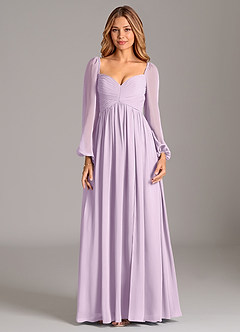 Azazie Bailee Vestidos de damas de honor Vestido de Lila Esmerilada de Gasa de Corte en A con Manga larga image7