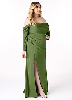 Azazie Hallie Brudtärnklänningar Klänning av Tubklänning i Stretch Satin Off-The-Soulder långärmad Enbärsgrön Konvertibel image10