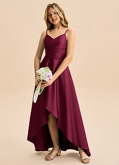 Azazie Eirlys Junior Burgundy A-Line Pleated Stretch Satin Dress image4