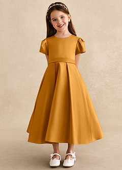 Azazie Princess Vestidos de florista Vestir Caramelo de Cetim fosco de Linha A com Plissado image6