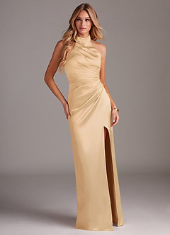 Azazie Jemma Bridesmaid Dresses Gold Sheath Pleated Stretch Satin Dress image3