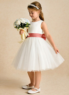 Azazie Sosie Flower Girl Dresses Ivory Salmon Pink A-Line Pleated Tulle Dress image3