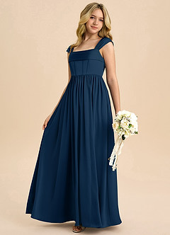 Azazie Hattie Junior Abito A-Line in Raso Elasticizzato Plissettato Marino Scuro image6