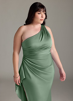 Azazie Latrice Bridesmaid Dresses Matcha Sheath One Shoulder Cascading Ruffles Stretch Satin Dress image11