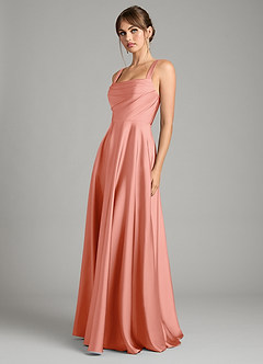 Azazie Shaude Bridesmaid Dresses Coral A-Line Pleated Stretch Satin Dress image5
