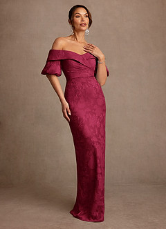 Azazie Golda Mother of the Bride Dresses Burgundy Sheath Off the Shoulder Floral Burnout Dress image3